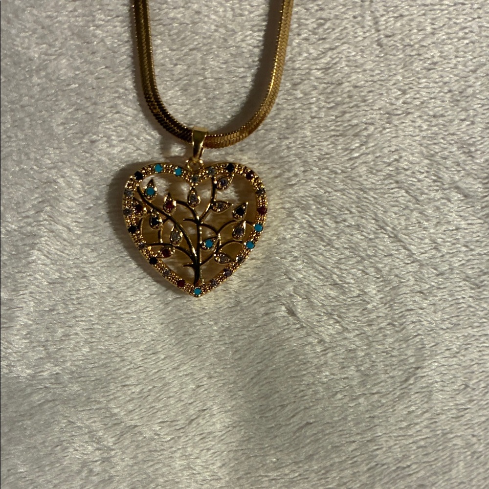 Gold and Turquoise & Heart Necklace w/chain. length in picture. EUC